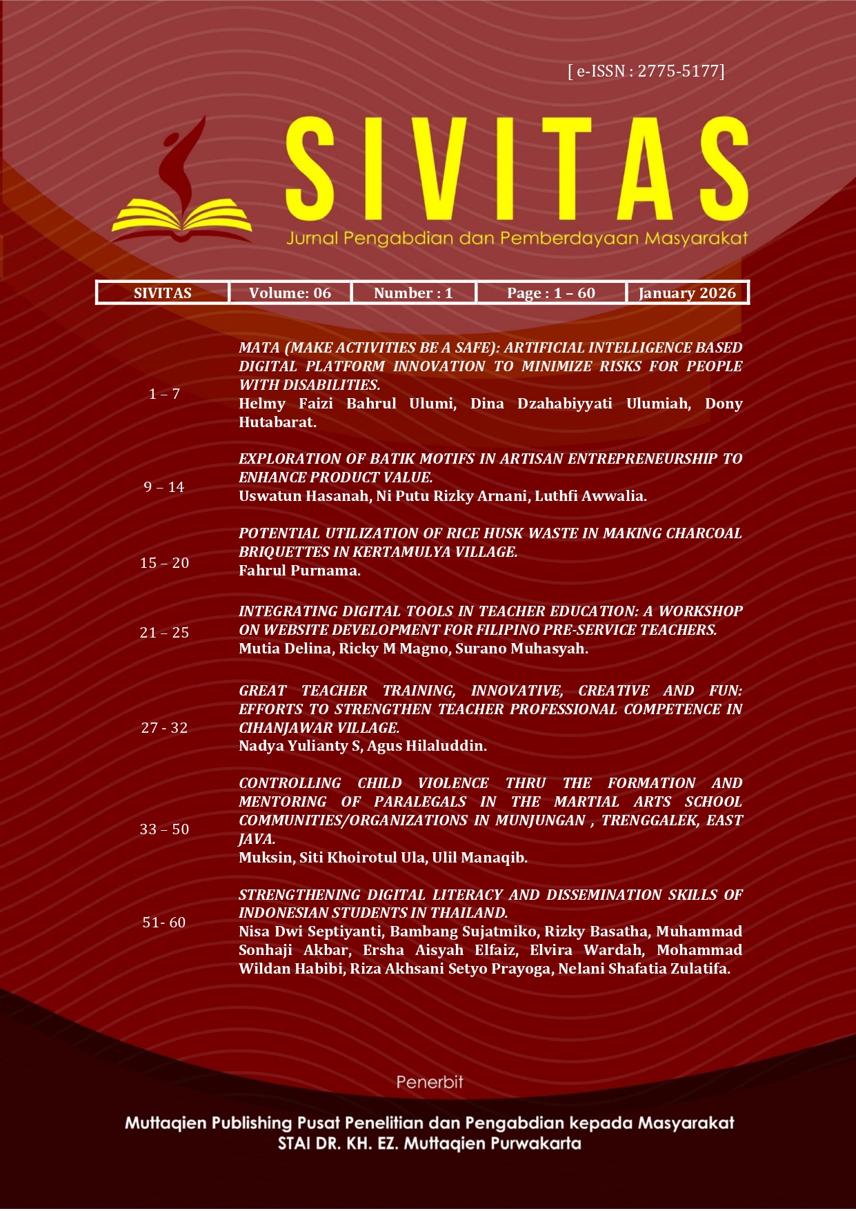 					View Vol. 6 No. 1 (2026): Jurnal SIVITAS : Jurnal Pengabdian dan Pemberdayaan Masyarakat 
				